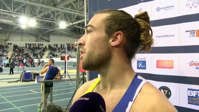 Robin Emig après sa victoire au saut à la perche au5e Meeting Elite de Miramas