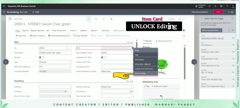 How-to make UnEditable Page Fields, Editable in Business Central | Lock & Unlock Fields in Item Card | Part-2