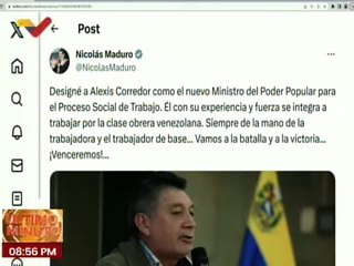 Alexis Corredor es nombrado como nuevo Ministro del Poder Popular para el Proceso Social de Trabajo