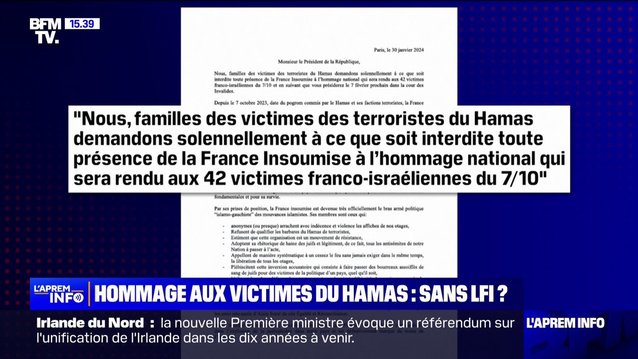 Hommage national aux victimes françaises du Hamas: 5 familles demandent "à ce que soit interdite toute présence" de LFI à la cérémonie