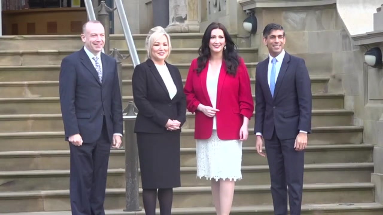 Rishi Sunak and Chris Heaton-Harris arrive at Stormont to mark restoration of the devolved government
