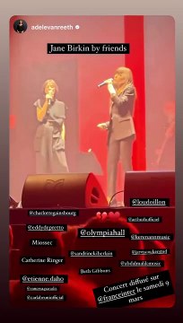 Les deux soeurs se sont illustrés sur le morceau Quoi , non sans émotionAperçu du concert en hommage à Jane Birkin à l'Olympia le samedi 3 février 2024 en présence de ses filles Charlotte Gainsbourg et Lou Doillon