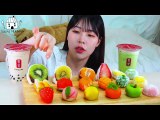 ASMR MUKBANG| Flower cake(Strawberry, Peach, Lemon, Mango), Sticky rice cake, Iced Mochi, Bubble tea