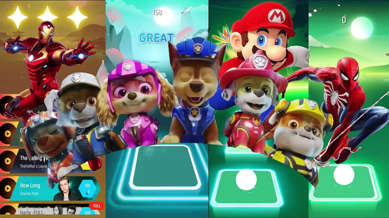 Iron Man vs PAW Patrol vs Super Mario vs Spiderman Tiles Hop