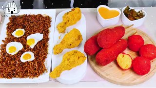 ASMR MUKBANG| Black bean noodles&Cheetos(Mac n cheese ball, Cheese hot dog), and BBURINGKLE Chicken