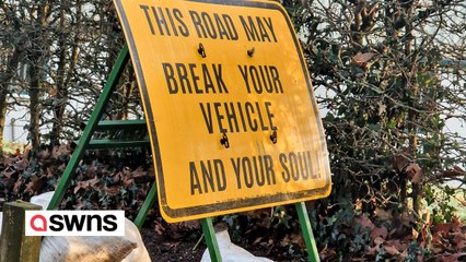 Residents mock council with sign saying road will 'break your vehicles and your soul'