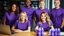a small group of 4-5 coworkers all wearing the same blank purple shirts,Midjourney prompts