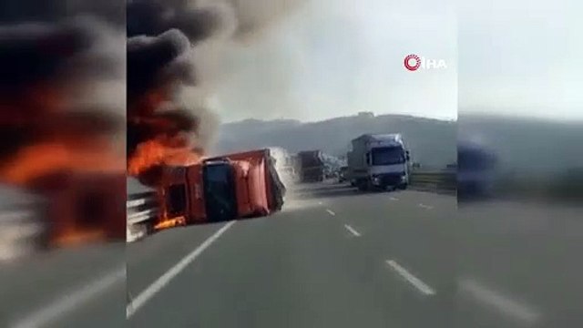 Otobanda kaza yapan tır alevlere teslim oldu...Şoför ölümden böyle kurtuldu