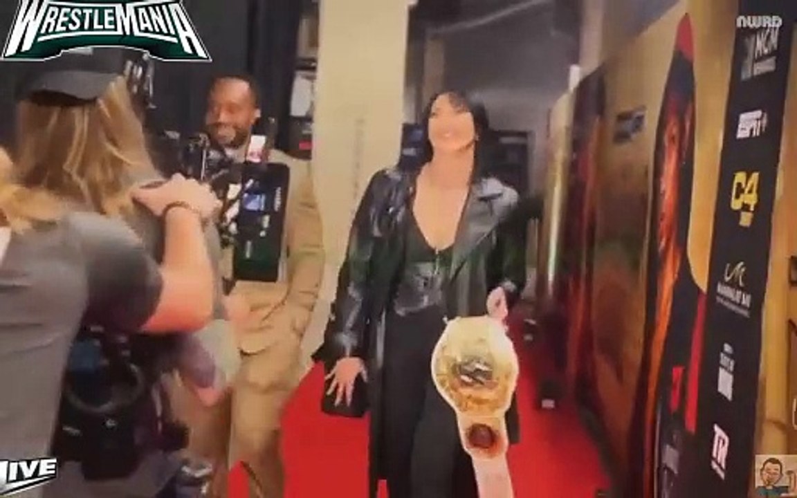 Big E & Rhea ripley off air backstage at WWE Wrestlemania 40 press event kickoff