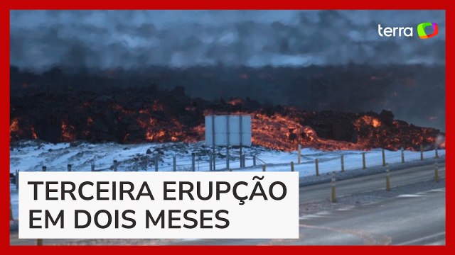 Vulcão volta a entrar em erupção e espalha lava sobre chão congelado na Islândia