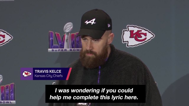 Watch: Awkward moment reporter tries to get Travis Kelce to sing “Karma”