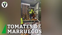 Un grupo de agricultores detiene y vacía un camión con tomates de Marruecos en Jerez de la Frontera