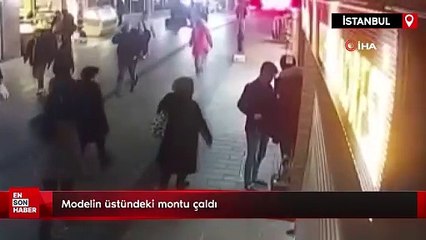 İstanbul'da kimseyi umursamadan modelin montunu çaldı