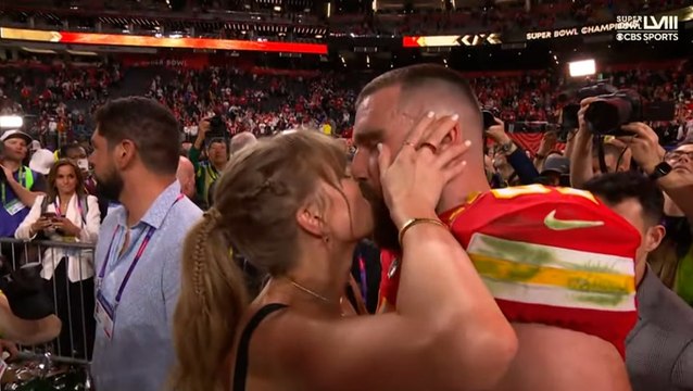 Taylor Swift and Travis Kelce share sweet embrace on field after Kansas City wins Super Bowl
