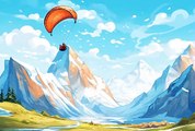 illustration of close-up of paraglider framed by snowy peaks in background,Midjourney prompts