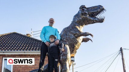 Dad installs 10ft dinosaur on top of garage - to "make people smile"