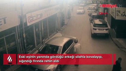 Eski eşinin yanında gördüğü erkeği silahla kovalayıp, sığındığı fırında rehin aldı