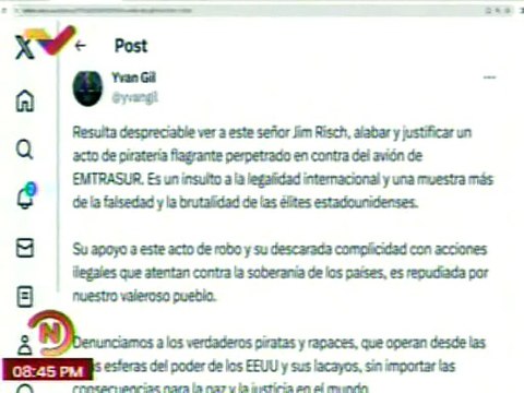 Venezuela condena las declaraciones de Jim Risch, el cual justifica el robo del avión de EMTRASUR