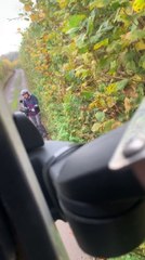 Standoff between lorry driver and cyclist as they come face-to-face down country lane