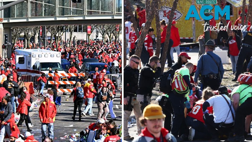 One person died and 21 others, including nine children, were wounded in a shooting at the end of the rally celebrating the Kansas City Chiefs' Super Bowl win in the US, with footage showing fans bravely tackling one of the alleged gunmen.
