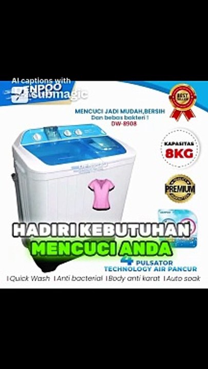 Jangan lewatkan mesin cuci Denpoo DW 8900 9 dengan kapasitas 8 kg! ✨ Mencuci lebih banyak pakaian sekaligus!