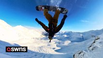 Daredevil climbs for 12 hours to snowboard down near-completely vertical mountains and tiny gullies