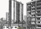 a black and white line art illustration of high-rise flats in Birmingham,Midjourney prompts