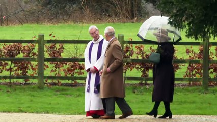King and Queen wave to onlookers as they depart church