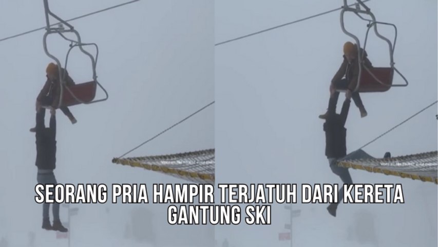 Seorang Pria Hampir Terjatuh Dari Kereta Gantung Ski