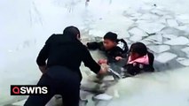 Security guard wades through ice to rescue children who fell into frozen pond