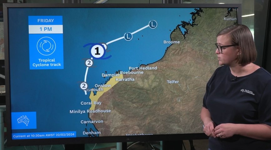 Severe weather is moving offshore near Broome in Western Australia as it moves southwest over the coastline. It's expected to gain energy before returning to the land around Exmouth at a Category 1 on Friday February 23, 2024.