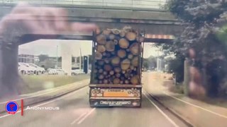 Close Call Loaded Logging Truck Hits Bridge Caught on Tesla Camera | TeslaCam Live