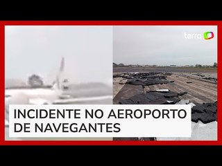 Vídeo mostra asfalto se soltando e atingindo avião que se preparava para decolar em aeroporto de SC