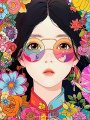 Cute Chinese girl, illustrator, Takashi Murakami, flowers, colorful, big eyes，flat, Illustrator,Midjourney prompts