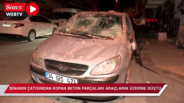 Bahçelievler'de binanın çatısından kopan beton parçalar park halindeki araçların üzerine düştü