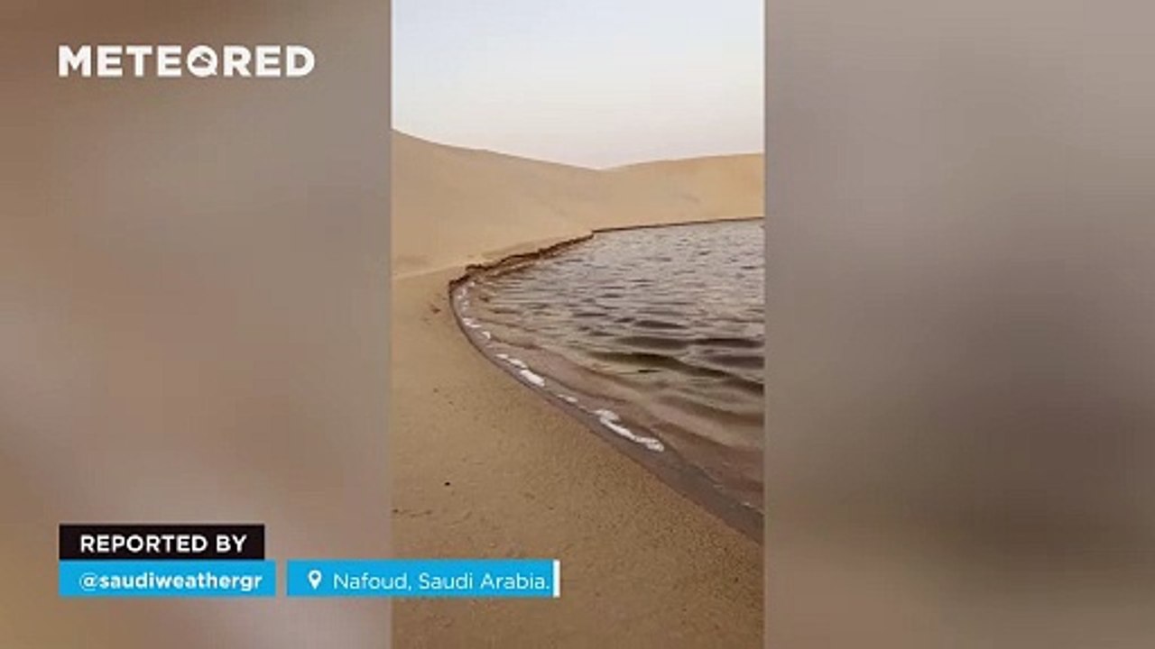 Temporary lagoons appear in the desert in Nafoud, Saudi Arabia.
