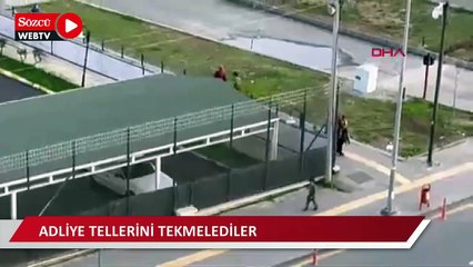 Yakınlarının tutuklandığını öğrenen aile fertleri adliye tellerini tekmeledi; o anlar kamerada