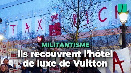 Des militants d’Attac déploient une spectaculaire banderole sur l’hôtel de luxe Vuitton