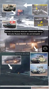 Drones Ucranianos Atacam e Destroem Vários Veículos Russos Dentro de um Armazém #ucrania #russia