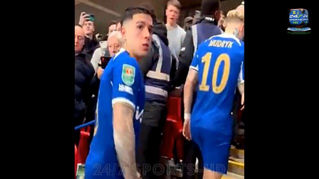 Furious Enzo Fernandez stares down a Liverpool fan who mocked the £107million midfielder after Chelsea's defeat in the Carabao Cup final at Wembley