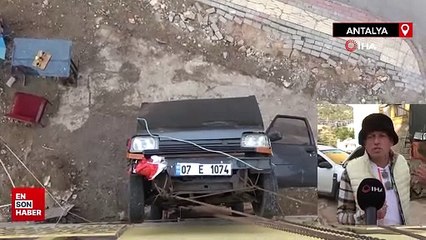Antalya'da sürekli kazaya karışan otomobilini binaya astı