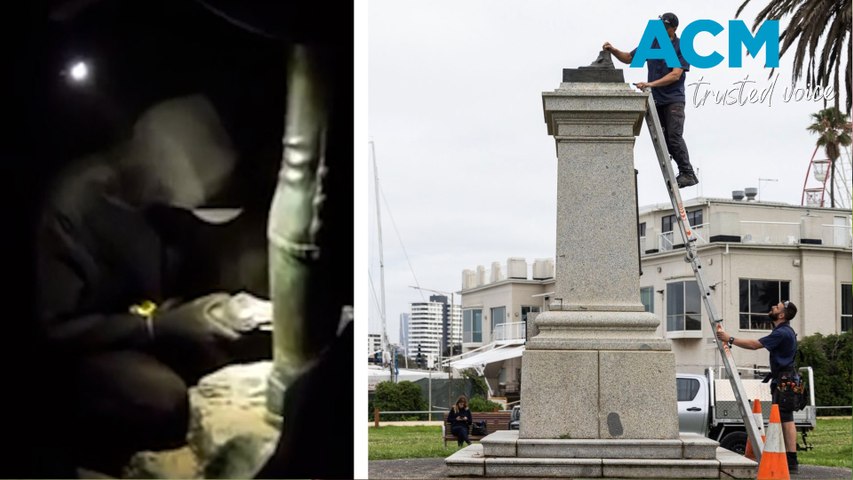 A group of anonymous online activists released footage showing the defacement of a public statue in Melbourne, Victoria.