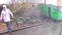 Hooded man attacks bird feeders in tree