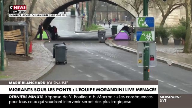 L'équipe de Morandini Live menacée ce matin en direct, alors qu'elle tente de montrer les tentes des migrants installés sur les Quais Parisiens, dans le 4e arrondissement, Pont Louis-Philippe