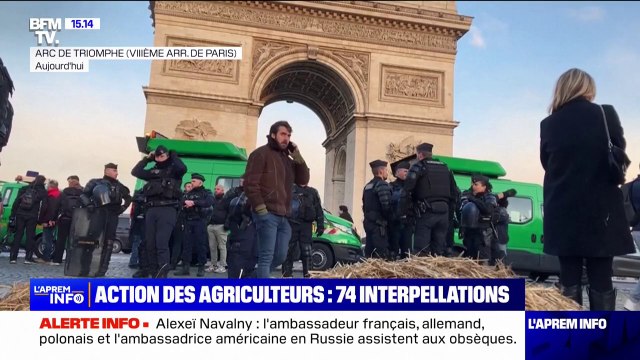 74 personnes interpellées dont l'organisateur de la manifestation lors d'une action d'agriculteurs au pied de l'Arc de Triomphe, annonce Laurent Nuñez