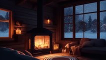 A cozy winter atmosphere with a crackling fire | wooden house amid snow | hearing the sound wind