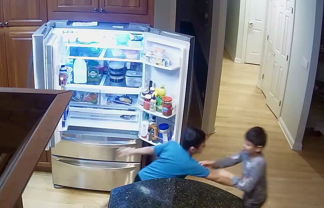 Brothers Topple Shelf Climbing on Refrigerator