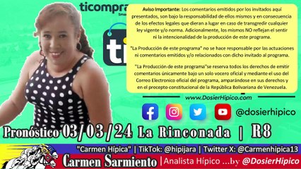 Carmen Sarmiento "Carmen Hípica" | Pronóstico 03/03/24 La Rinconada INH | R8 | DH#70 