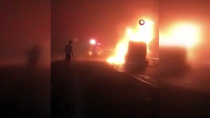 Destici’nin kaza yapan makam aracını taşıyan çekici yandı