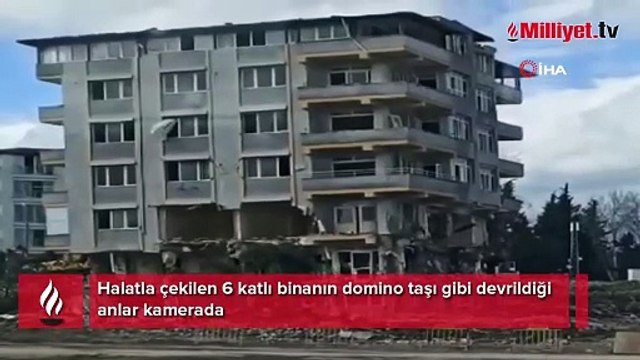 Halatla çekilen 6 katlı binanın domino taşı gibi devrildiği anlar kamerada